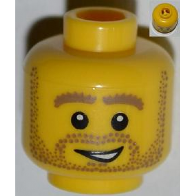 yellow minifigure head beard stubble thick dark tan eyebrows and open grin pattern