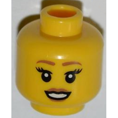 yellow minifigure head female brown eyebrows brown lips open smile pattern