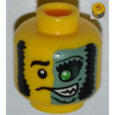 yellow minifigure head male mask half sand green with green eye open grin pattern