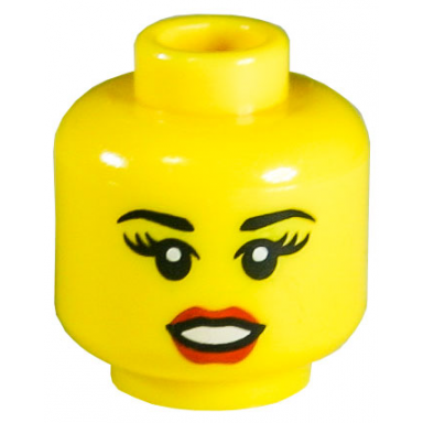 yellow minifigure head female black eyebrows thick eyelashes red lips open mouth pattern