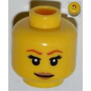 yellow minifigure head female with dark orange eyebrows eyelashes dark tan lips smile pattern