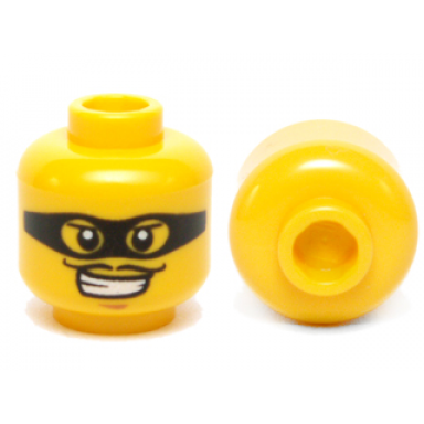 yellow minifigure head male black eye mask black with eye holes and thin moustache pattern
