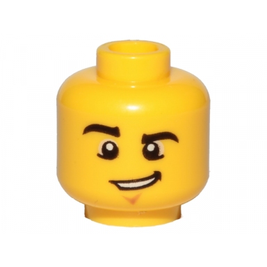 yellow minifigure head male black eyebrows raised right eyebrow chin dimple and lopsided grin with teeth pattern
