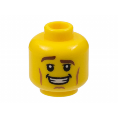 yellow minifigure head brown eyebrows raised right eyebrow cheek lines open mouth smile with teeth pattern