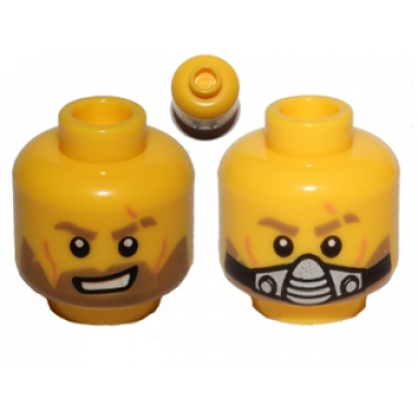 yellow minifigure head dual sided light brown eyebrows and beard scar open mouth with teeth breathing apparatus pattern