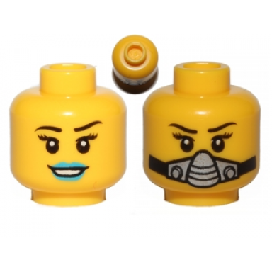 yellow minifigure head dual sided female black eyebrows eyelashes dark azure lips open mouth smile with teeth breathing apparatus pattern