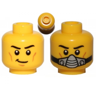 yellow minifigure head dual sided black eyebrows cheek lines smile silver breathing mask pattern