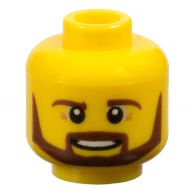 yellow minifigure head reddish brown eyebrows moustache and angular beard open mouth smile with teeth pattern