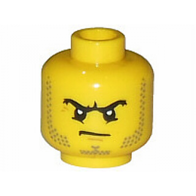 yellow minifigure head beard stubble black angry eyebrows and scowl white pupils pattern