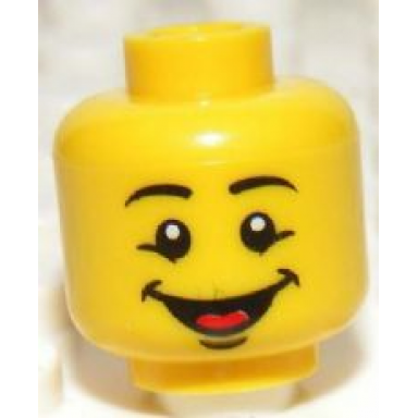 yellow minifigure head black eyebrows bottom eyelids chin dimple wide open mouth smile with red tongue pattern