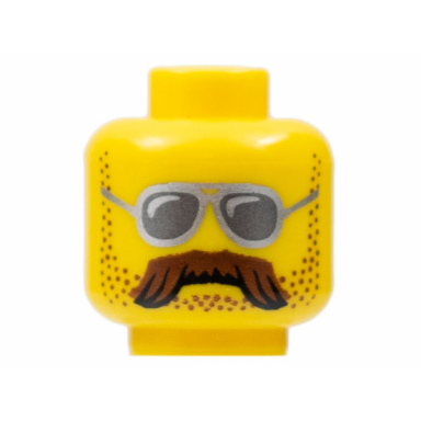 yellow minifigure head glasses with silver sunglasses moustache brown bushy and stubble pattern