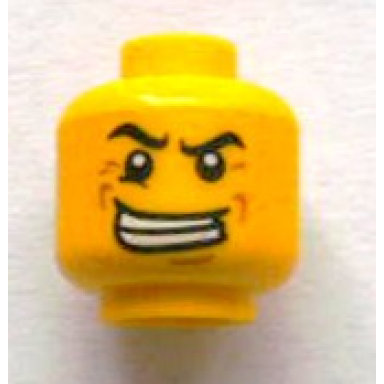 yellow minifigure head male black angry eyebrows evil grin with teeth wrinkles pattern