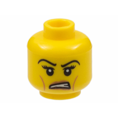 yellow minifigure head female black eyelashes angry eyebrows cheek lines white pupils and white teeth pattern