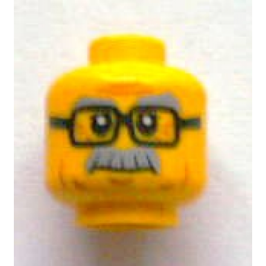 yellow minifigure head light bluish gray bushy eyebrows and moustache black glasses medium nougat cheek lines chin dimple and wrinkles slight frown pattern