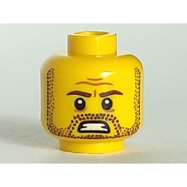 yellow minifigure head beard stubble brown eyebrows and mouth with teeth pattern