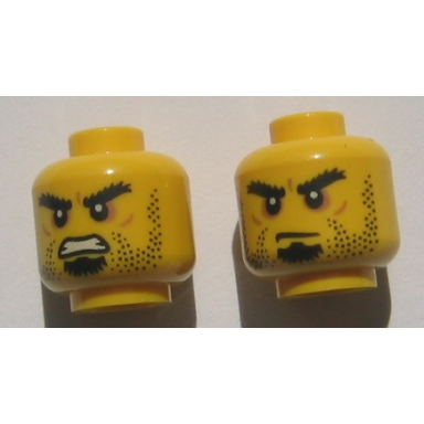 yellow minifigure head dual sided beard stubble black goatee bushy eyebrows grim mouth with teeth closed mouth pattern