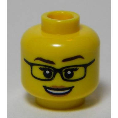 yellow minifigure head female black glasses dark brown eyebrows medium nougat lips and open mouth smile with teeth pattern