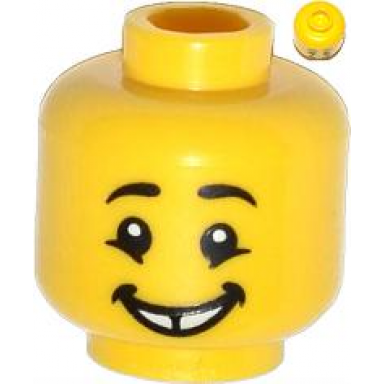 yellow minifigure head male black eyebrows cheekbone lines under eyes gap tooth smile pattern