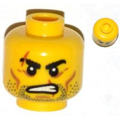 yellow minifigure head beard stubble scars over right eyebrow and mouth angry pattern