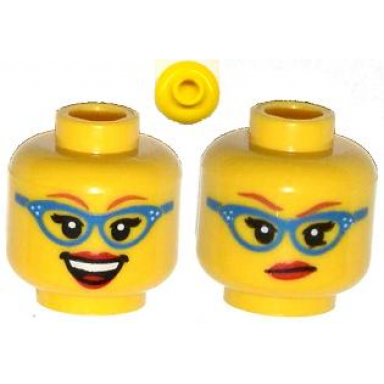 yellow minifigure head dual sided female glasses with blue frame medium nougat eyebrows red lips smirk open smile pattern