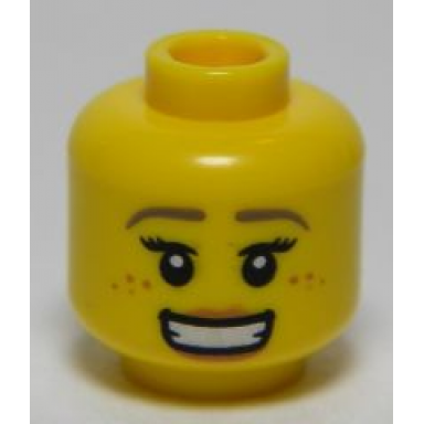 yellow minifigure head female dark tan eyebrows freckles eyeleashes peach lips open mouth smile pattern