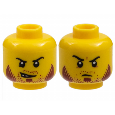yellow minifigure head dual sided beard stubble dark red sideburns goatee curved black eyebrows lopsided open grin determined pattern