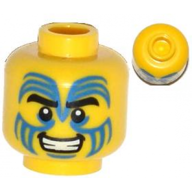 yellow minifigure head face paint with blue swirls black eyebrows and grin pattern