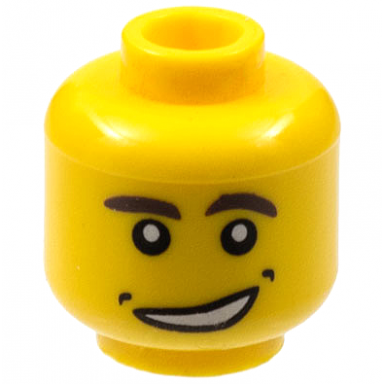 yellow minifigure head dark brown thick eyebrows dimples lopsided open mouth smile with teeth pattern