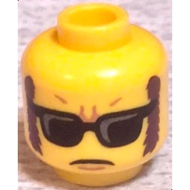 yellow minifigure head glasses with black and silver highlighted sunglasses closed mouth dark brown sideburns pattern