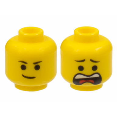 yellow minifigure head dual sided black eyebrows lopsided smile open mouth scared pattern emmet