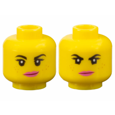 yellow minifigure head dual sided female black eyebrows eyelashes medium nougat freckles dark pink lips lopsided smile determined pattern
