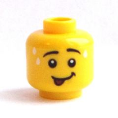 yellow minifigure head male black eyebrows smile with red tongue out and white sweat drops on forehead pattern