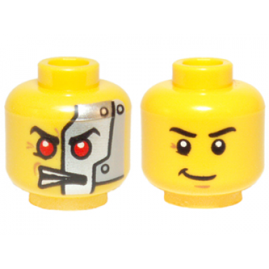yellow minifigure head dual sided alien with red eyes silver head plates black eyebrows and crooked smile pattern
