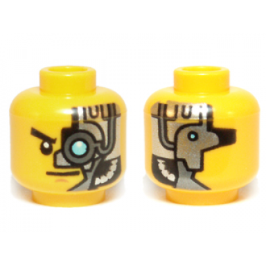 yellow minifigure head alien with mechanical left eye light blue head plates pattern