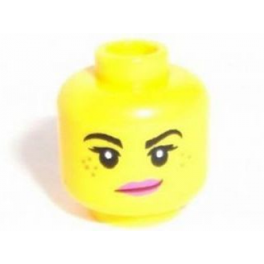 yellow minifigure head female black eyebrows freckles eyelashes pink lips lopsided smile pattern