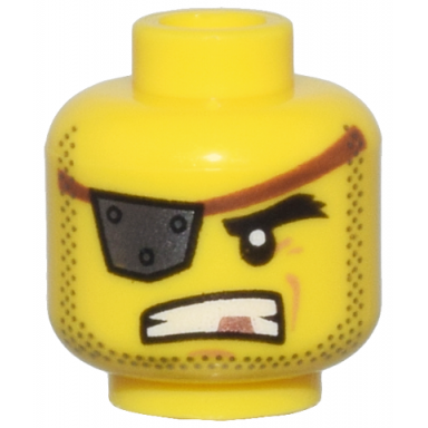 yellow minifigure head dark silver eye patch with rivets bared teeth with copper tooth stubble pattern metalbeard