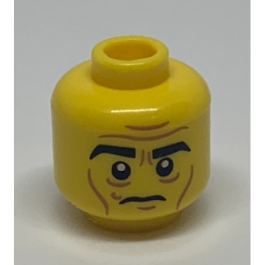yellow minifigure head black eyebrows white pupils wrinkles cheek lines frown pattern