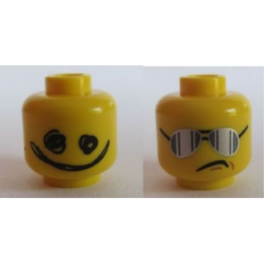 yellow minifigure head dual sided silver sunglasses with vertical lines scribble-face smile pattern