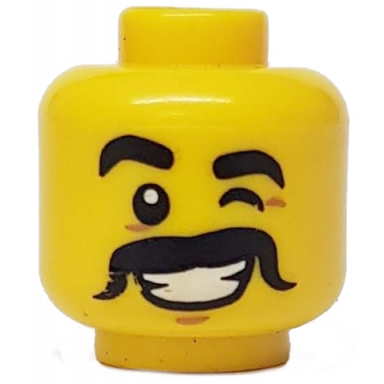yellow minifigure head male thick black eyebrows and moustache wink smile with white teeth pattern