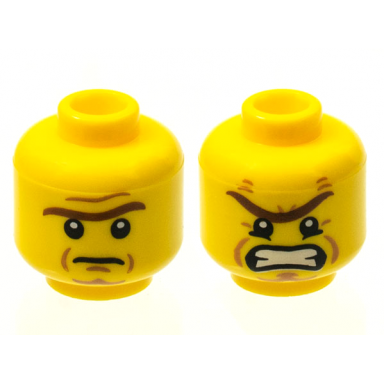 yellow minifigure head dual sided brown unibrow cheek lines mouth closed mouth open angry pattern
