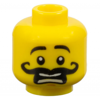 yellow minifigure head black eyebrows raised curly long moustache medium nougat chin dimple scared open mouth with teeth parted pattern