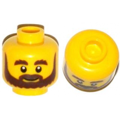 yellow minifigure head beard brown bushy eyebrows grin and white pupils pattern