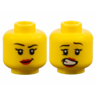 yellow minifigure head dual sided female black eyebrows eyelashes red lips lopsided grin scared open mouth with teeth pattern