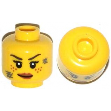 yellow minifigure head female dark brown eyebrows dark orange freckles eyelashes dark bluish gray scratches dark orange lips pattern