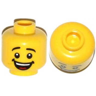 yellow minifigure head male black eyebrows open mouth smile with dimples white teeth and red tongue pattern