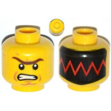 yellow minifigure head dual sided reddish brown unibrow cheek lines angry red zigzag line on black background pattern
