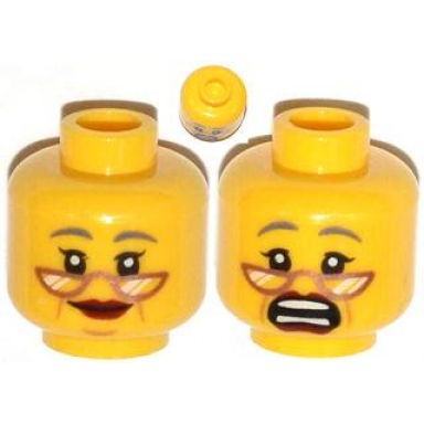 yellow minifigure head dual sided female copper glasses gray eyebrows red lips cheek lines smile scared pattern