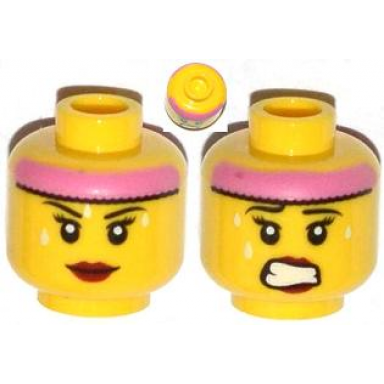yellow minifigure head dual sided female pink headband sweat beads red lips mouth closed clenched teeth pattern