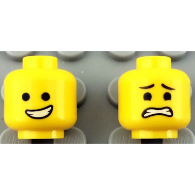yellow minifigure head dual sided open smile with teeth eyebrows scared pattern