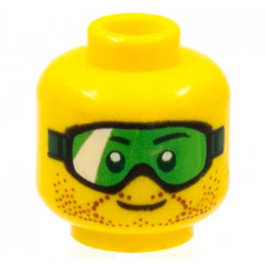 yellow minifigure head glasses with green goggles and brown stubble pattern